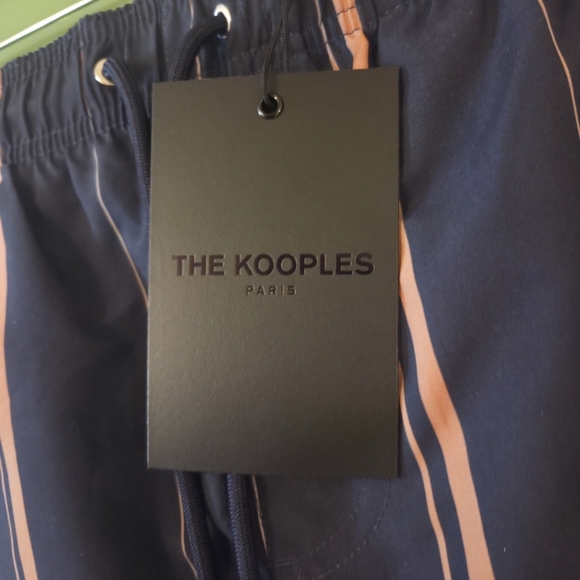 The Kooples Navy Blue & Gold Swim Trunks With Stripes & Zipper Pockets - Picture 2 of 12